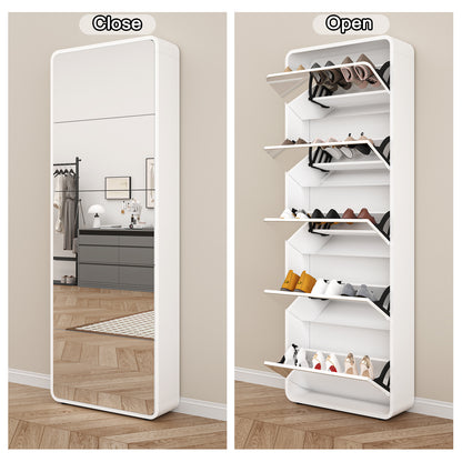 Modern Arched Mirrored Shoe Cabinet with 5 Flip Drawers, Full-Length Mirror Tall Entryway Organizer - White