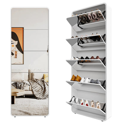 Modern Arched Mirrored Shoe Cabinet with 5 Flip Drawers, Full-Length Mirror Tall Entryway Organizer - White