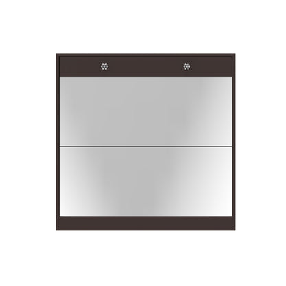 Mirror Shoe Cabinet with 2 Tier Drawers, Mirror Shoe Rack With 1 Drawer Storage, Mirror Shoe Organizer with 2 Layers In a Drawer for Entrance, Entryway, Bedroom,Brown Finish