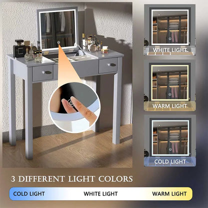 Small 2-in-1 Vanity Desk Set with Flip-Top LED Mirror