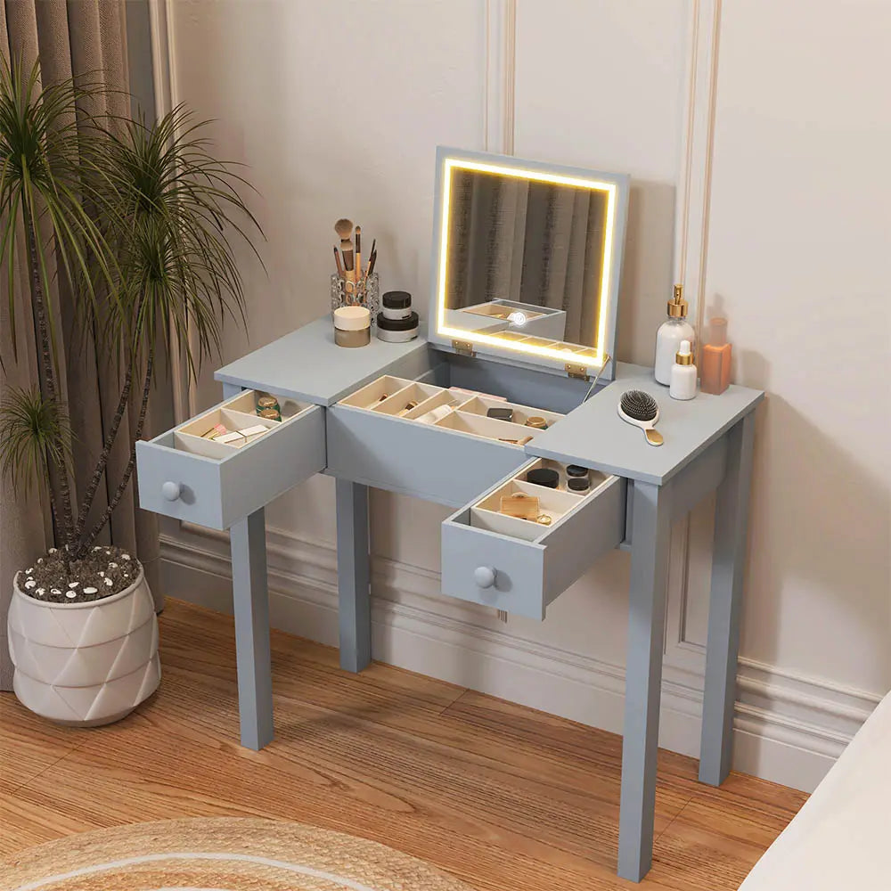Small 2-in-1 Vanity Desk Set with Flip-Top LED Mirror