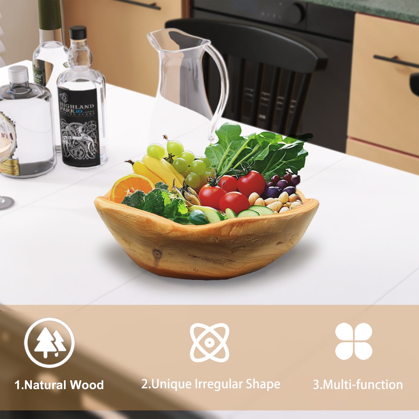 Hand-Carved Wooden Fruit Bowl, Decorative Live-Edge Root Wood Decorative Bowl for Countertop