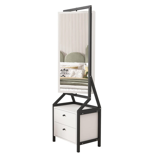 360° Swivel Jewelry Armoire with Full-Length Makeup Mirror, 2 Bottom Drawers, Spacious Storage, Hand-Painted White Finish