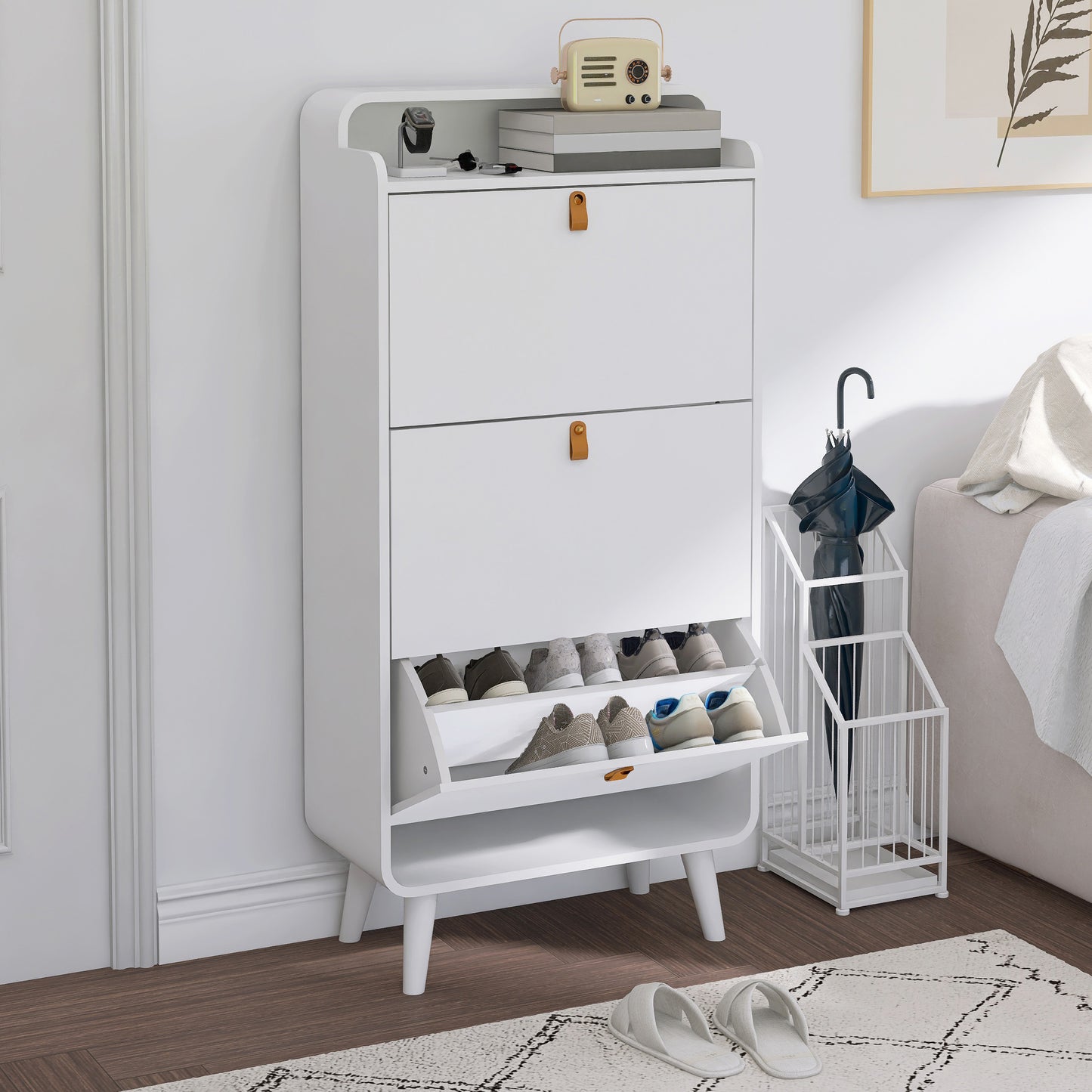 Modern Arc Design Shoe Cabinet With 3 Drawers,Shoe Storage Cabinet for Entryway,Outdoor,White Finish