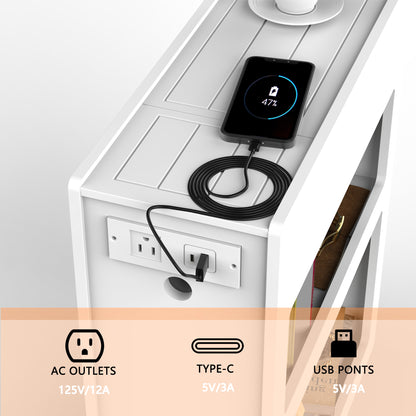 Narrow Side Table with Built-In Outlets, Flip-Top Hidden Drawer & Storage Shelves