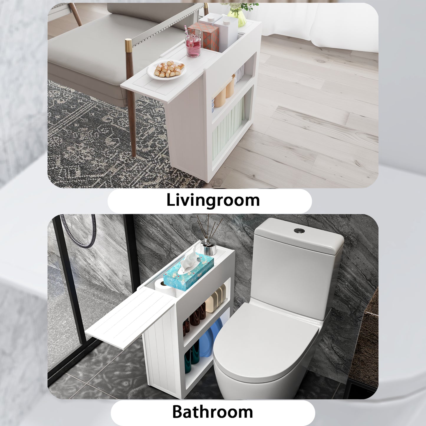 Narrow Side Table with Built-In Outlets, Flip-Top Hidden Drawer & Storage Shelves