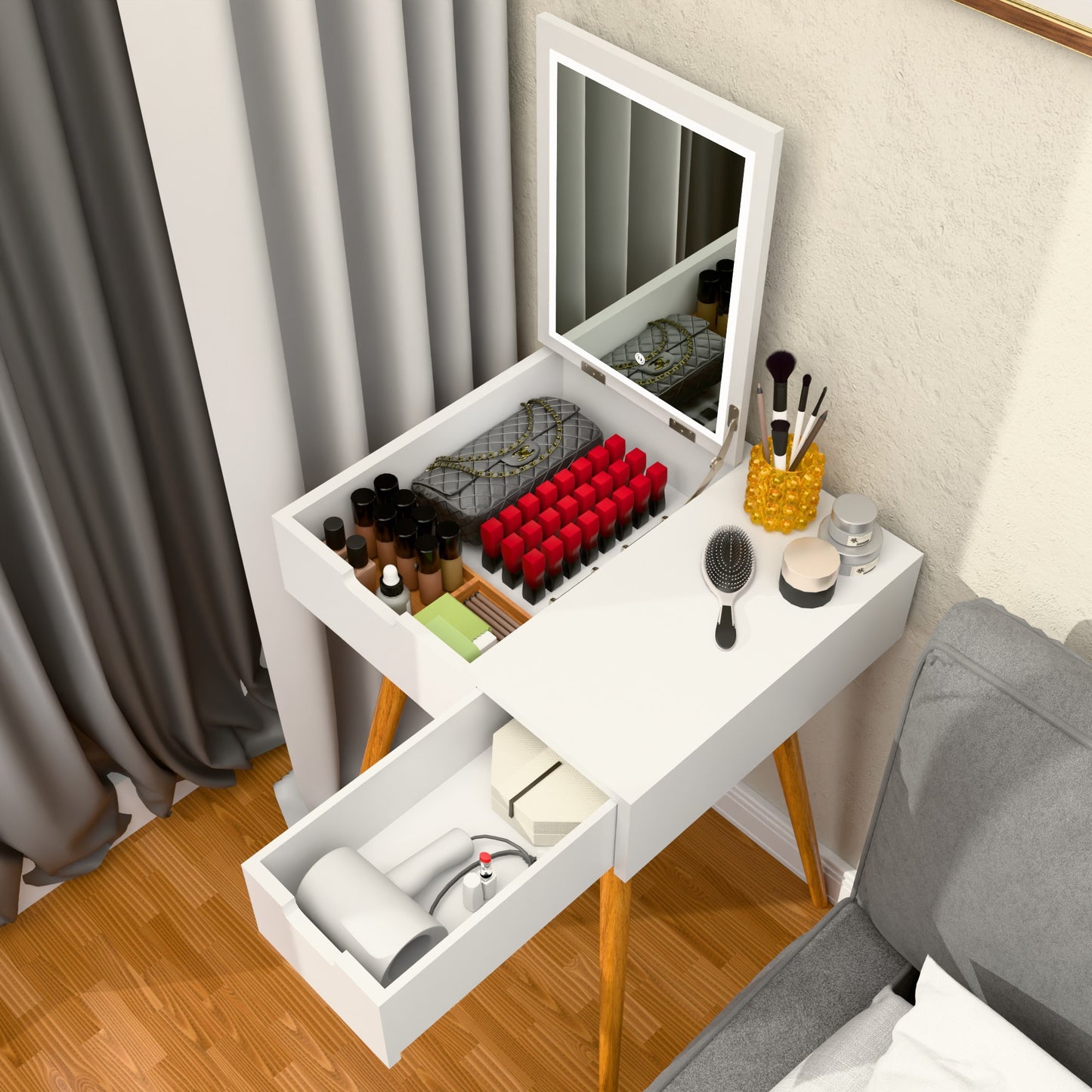 White Makeup Vanity Desk with Mirror, Space Saving Dressing Table with Storage Drawer & 2-Compartment Tray, Small Vanity Table for Bedroom,  Flip Top Mirror – 23.6"x19.7"x31.5"