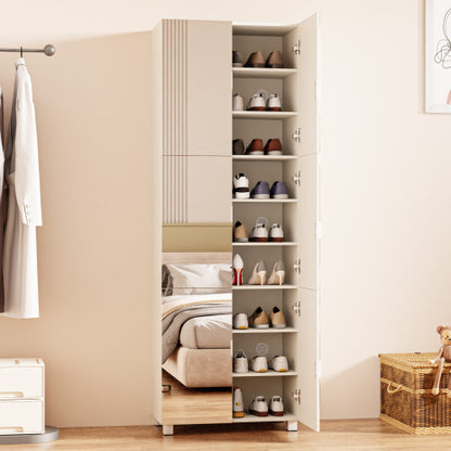Shoe Cabinet with 6 Mirror Doors– Entryway Storage, with Adjustable Shelves &Ventilation Holes,Holds 27 Pairs (Size 15),Dust-Proof Engineered Wood Closet for Hallway/Apartment (White)