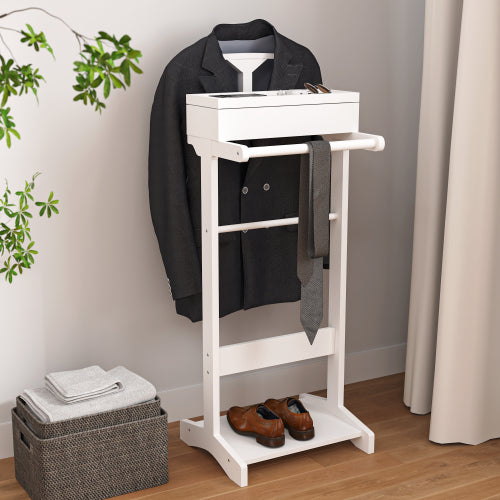 Executive Wooden Suit Valet Stand with Storage Drawer & Shoe Rack – Standing Clothes Organizer for Suit, Jacket, Trousers & Night-Before Prep