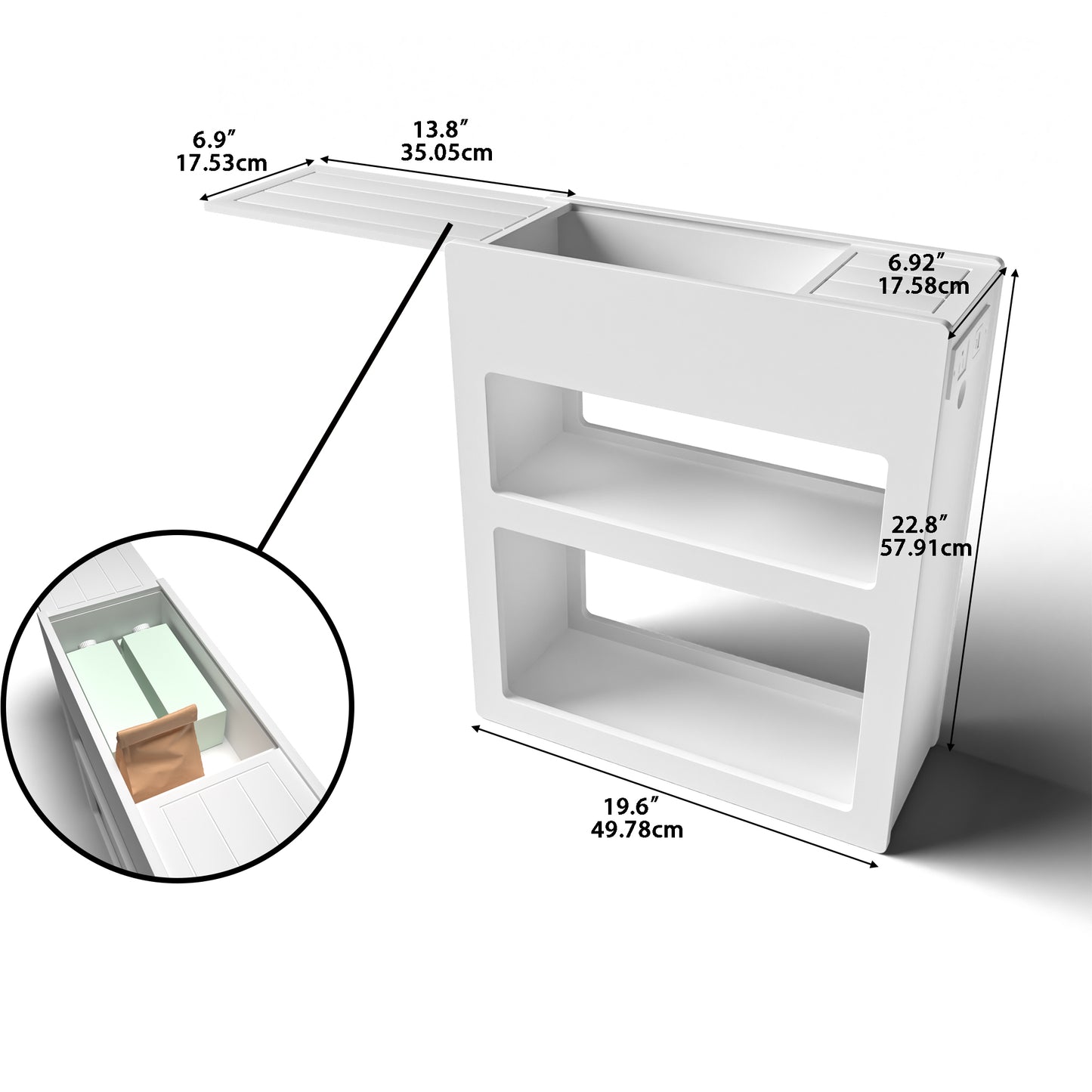 Narrow Side Table with Built-In Outlets, Flip-Top Hidden Drawer & Storage Shelves