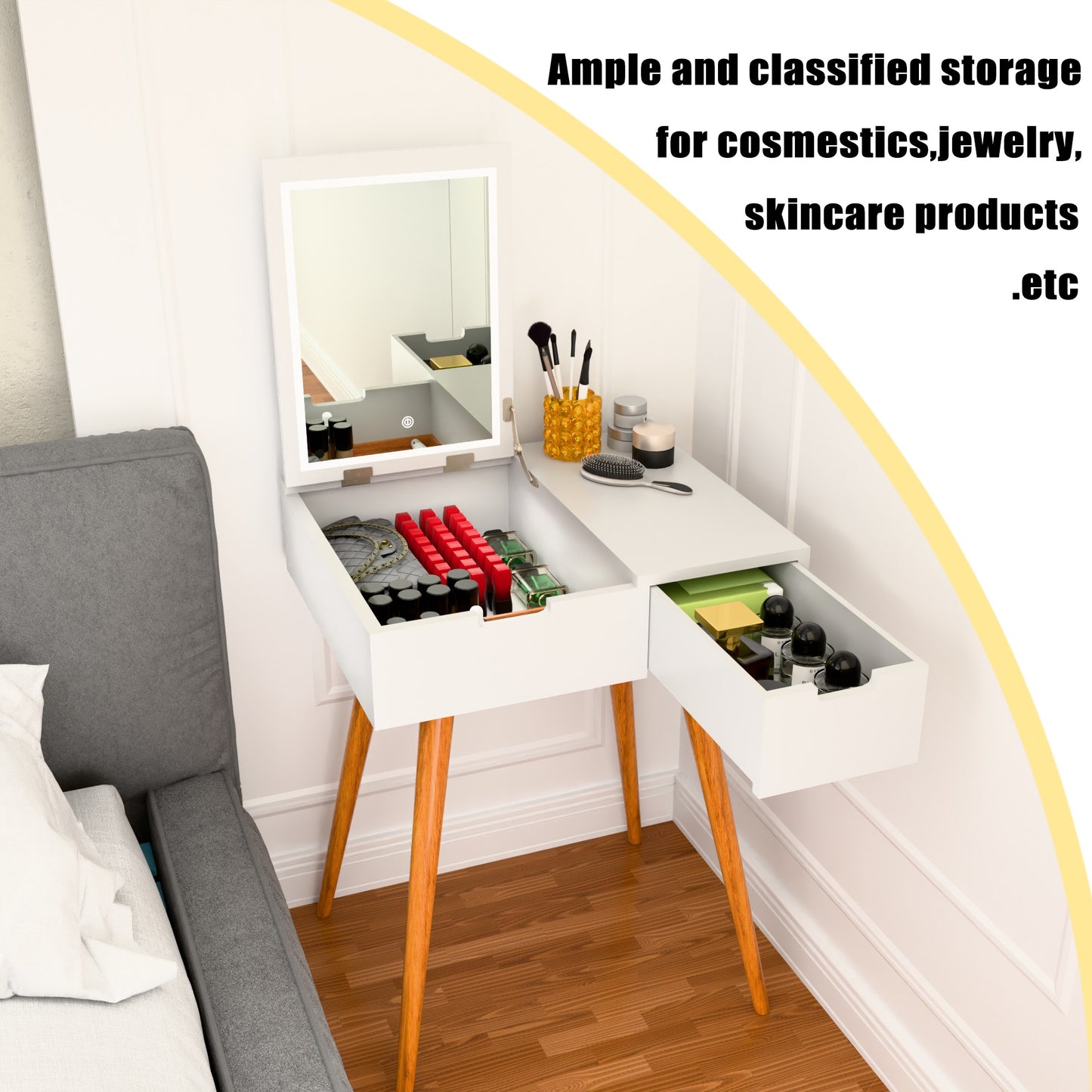 White Makeup Vanity Desk with Mirror, Space Saving Dressing Table with Storage Drawer & 2-Compartment Tray, Small Vanity Table for Bedroom,  Flip Top Mirror – 23.6"x19.7"x31.5"