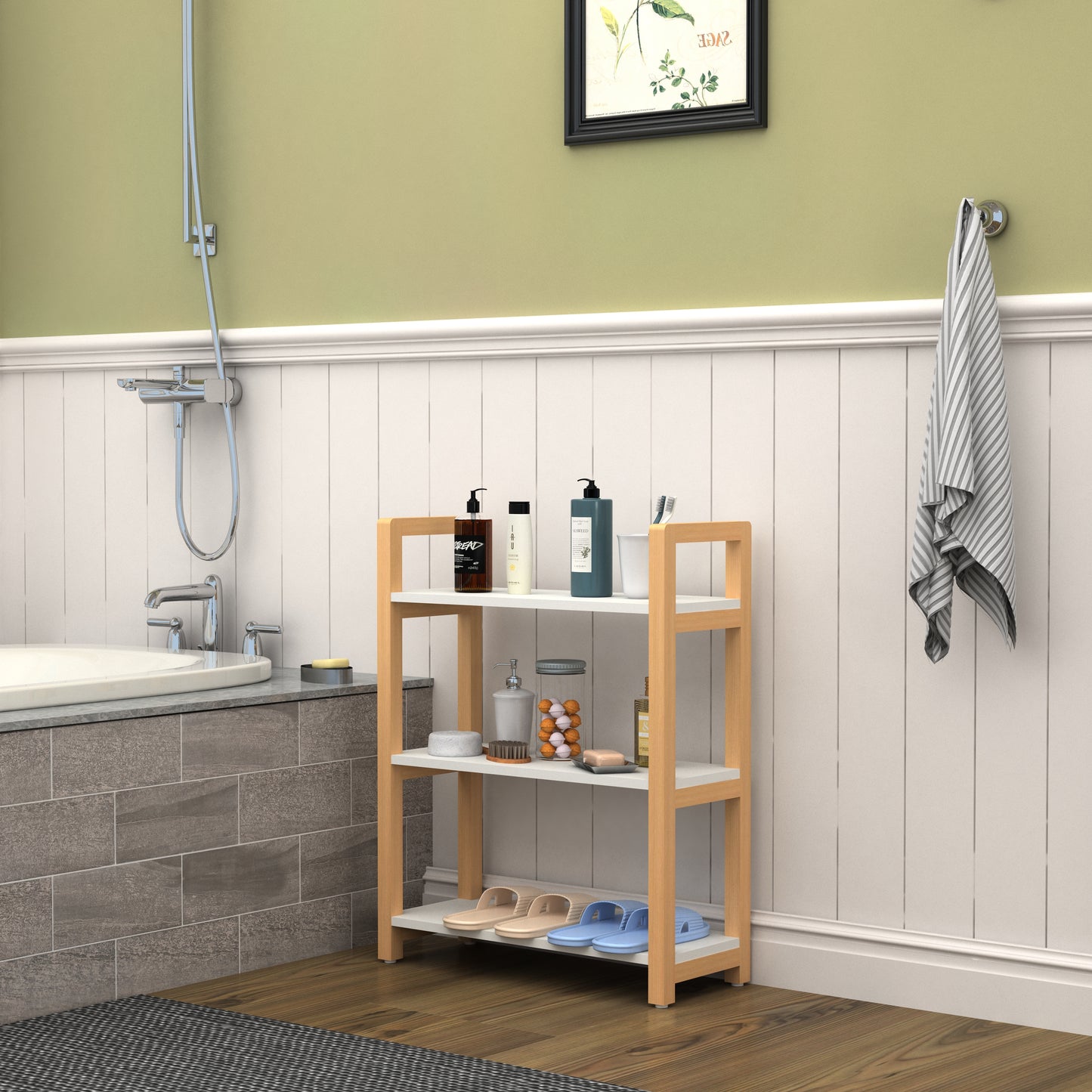 GLSCASA 3-tiers Storage Bookcase with Solid Wood Frame,White