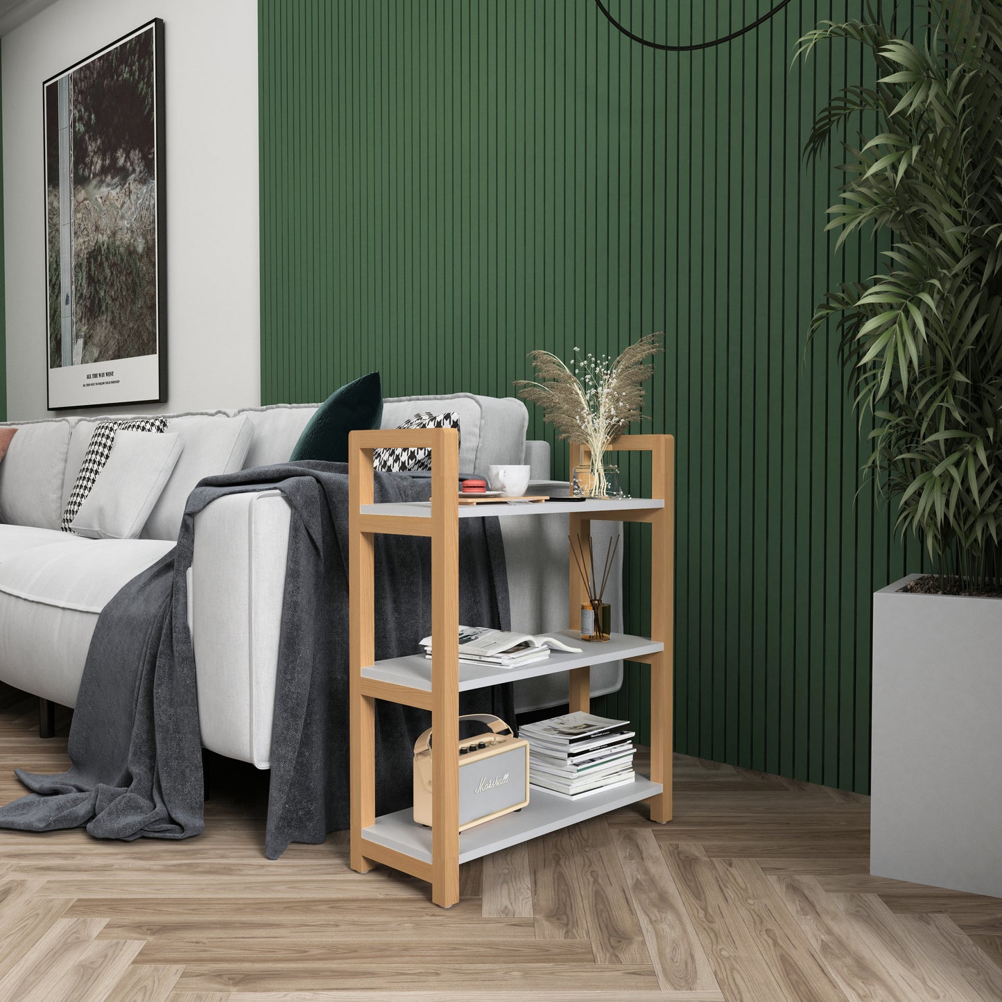 GLSCASA 3-tiers Storage Bookcase with Solid Wood Frame,White