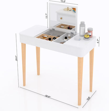 Vanity Table with Flip Top Mirror,Wooden Makeup Dressing Table,Flip Top Makeup Vanity Table with Double Door Compartment