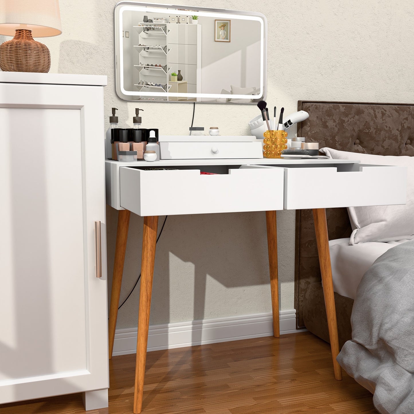 Makeup Vanity Desk with Removable Mirror and Lights, 3 Color Modes & Adjustable Brightness Dressing Table, Small Vanity Table Set with 2 Drawers for Bedroom, white