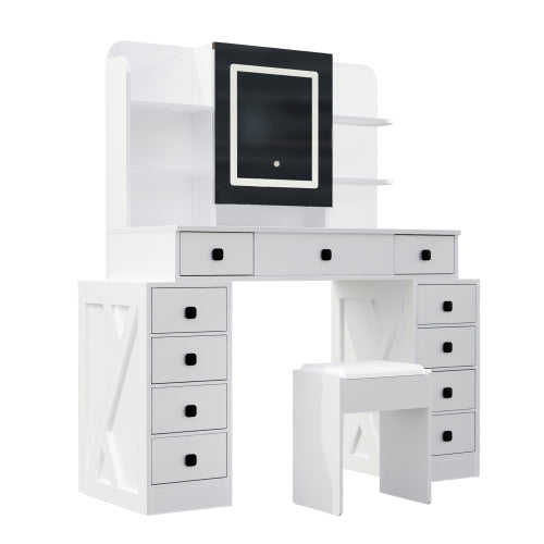 Farmhouse Vanity Desk with Sliding Mirror,Lights and Charging Station,Makeup Table Desk with Dimmable LED light,Vanity Makeup Table with Sponge Soft Stool,White Finish