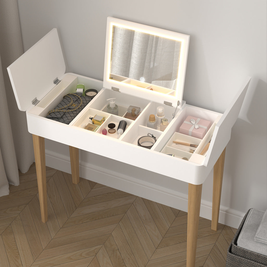 Vanity Table with Flip Top Mirror,Wooden Makeup Dressing Table,Flip Top Makeup Vanity Table with Double Door Compartment
