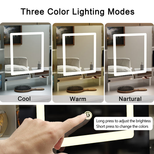 Farmhouse Vanity Desk with Sliding Mirror,Lights and Charging Station,Makeup Table Desk with Dimmable LED light,Vanity Makeup Table with Sponge Soft Stool,White Finish