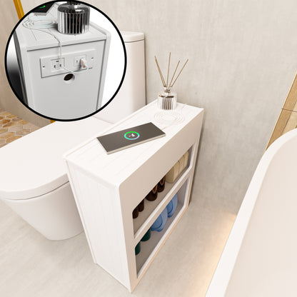 Narrow Side Table with Built-In Outlets, Flip-Top Hidden Drawer & Storage Shelves