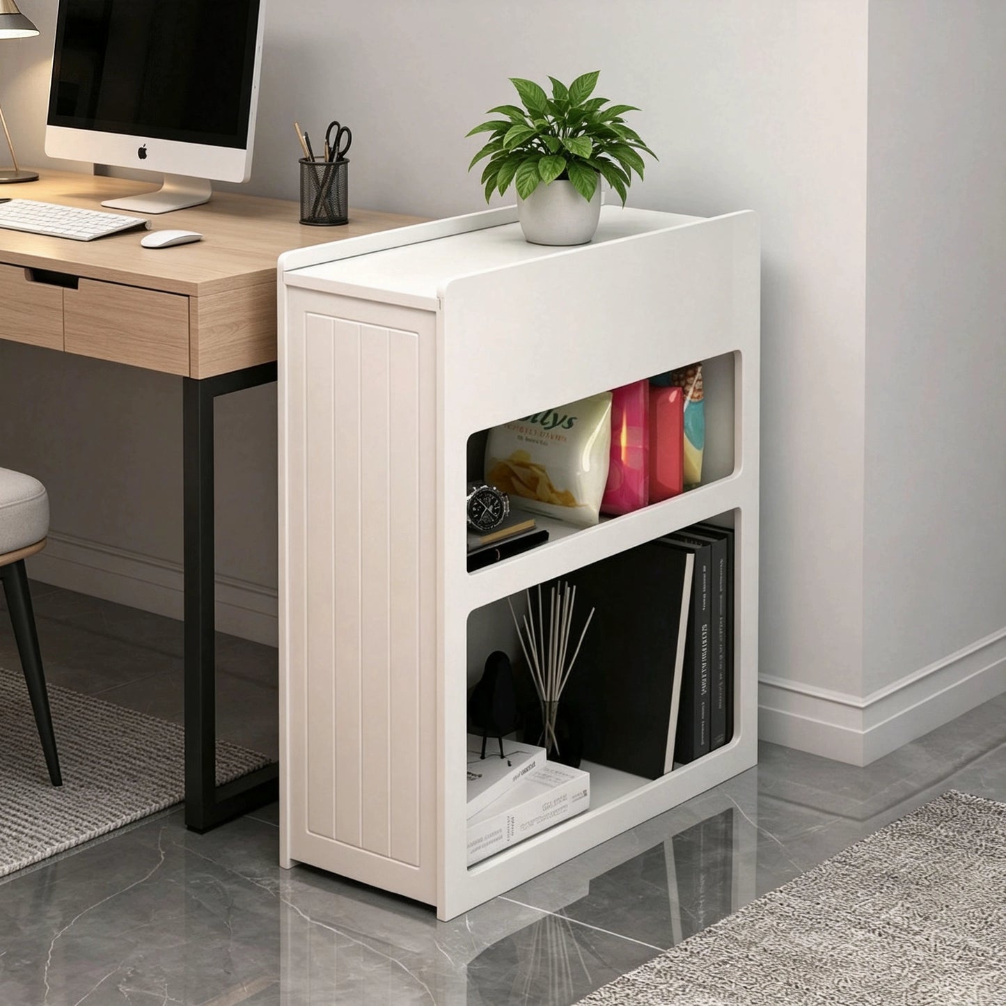 Narrow Side Table with Built-In Outlets, Flip-Top Hidden Drawer & Storage Shelves