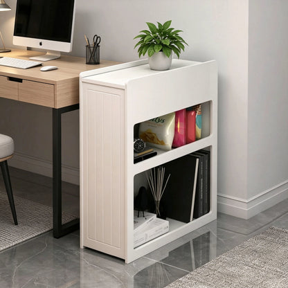 Narrow Side Table with Built-In Outlets, Flip-Top Hidden Drawer & Storage Shelves