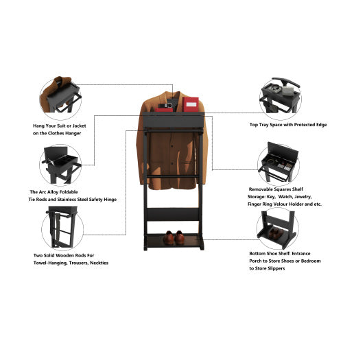 Black Portable Garment Rack,Clothes Valet Stand with Storage Organizer