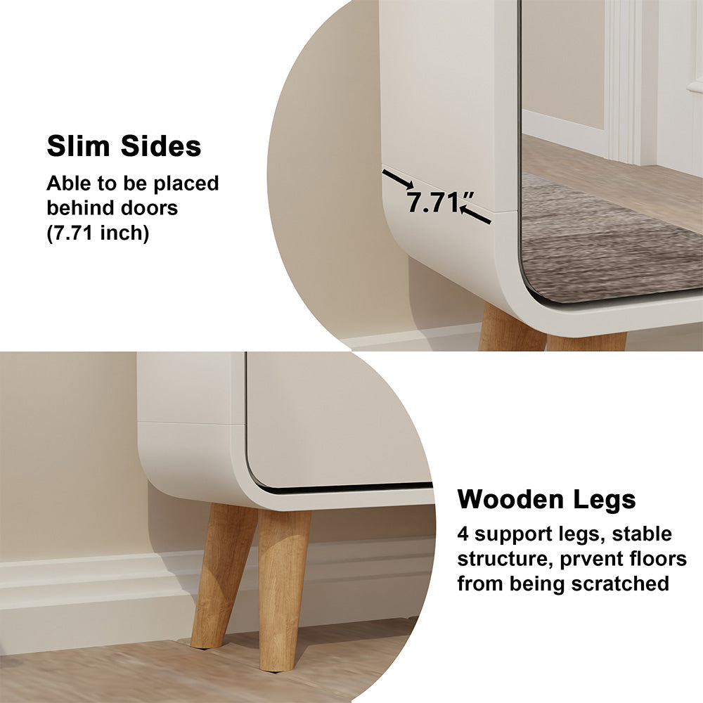 Mirror Shoe Cabinet with 4 Flip Drawers, Wooden Shoe Organizer with Solid Wood Legs, Full Length Mirror Shoe Rack, Narrow Shoe Storage Cabinet for Entryway, White