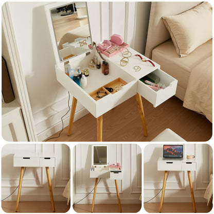 White Makeup Vanity Desk with Mirror, Space Saving Dressing Table with Storage Drawer & 2-Compartment Tray, Small Vanity Table for Bedroom,  Flip Top Mirror – 23.6"x19.7"x31.5"