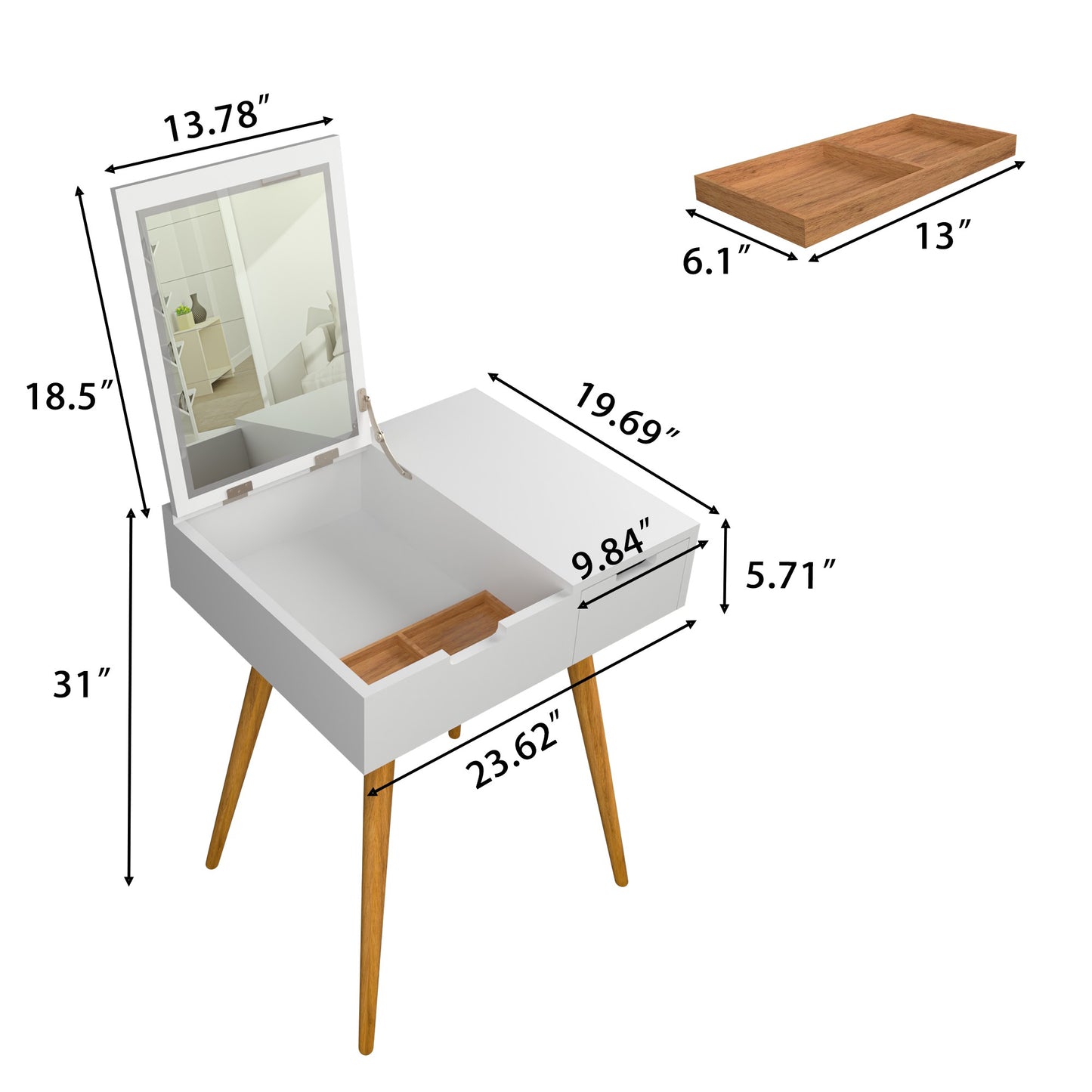 White Makeup Vanity Desk with Mirror, Space Saving Dressing Table with Storage Drawer & 2-Compartment Tray, Small Vanity Table for Bedroom,  Flip Top Mirror – 23.6"x19.7"x31.5"
