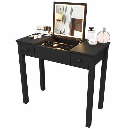 Black Vanity Desk with Flip-Top LED Mirror , Small Makeup Table with 2 Drawers & Storage for Bedroom
