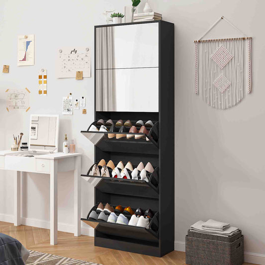 Shoe Storage Cabinet With Full Length Mirror,Wooden Freestanding Shoe Rack Organizer With 5 Tiers Flip Drawers & 30 Pair, Tall Narrow Shoe Cabinet For Entryway, Hallway, Bedroom, Closet, Living Room (Black)