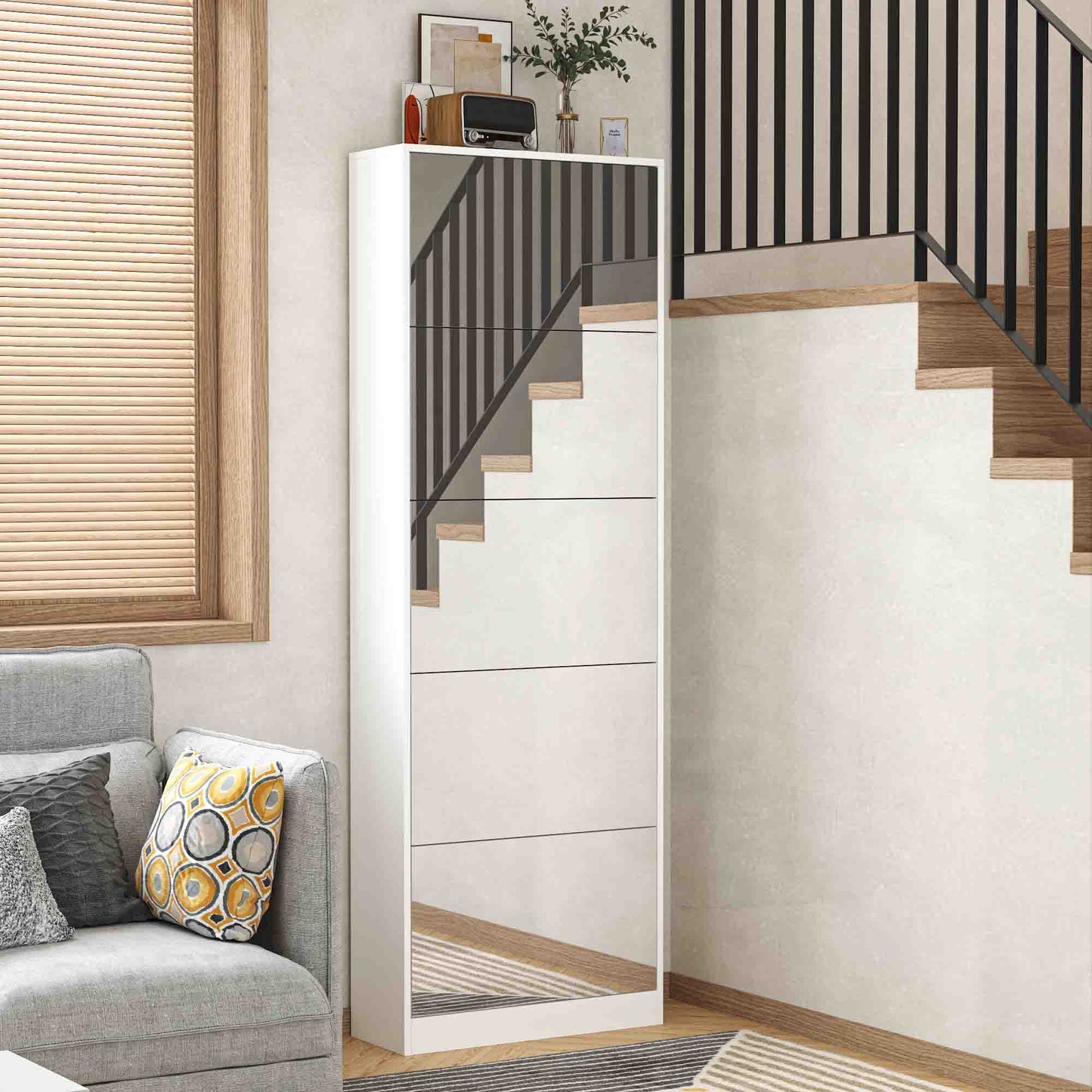 Shoe Storage Cabinet With Full Length Mirror,Wooden Freestanding Shoe Rack Organizer With 5 Tiers Flip Drawers and 30 Pair, Tall Narrow Shoe Cabinet For Entryway, Hallway, Bedroom, Closet, Living Room (White)