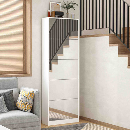 Shoe Storage Cabinet With Full Length Mirror,Wooden Freestanding Shoe Rack Organizer With 5 Tiers Flip Drawers and 30 Pair, Tall Narrow Shoe Cabinet For Entryway, Hallway, Bedroom, Closet, Living Room (White)