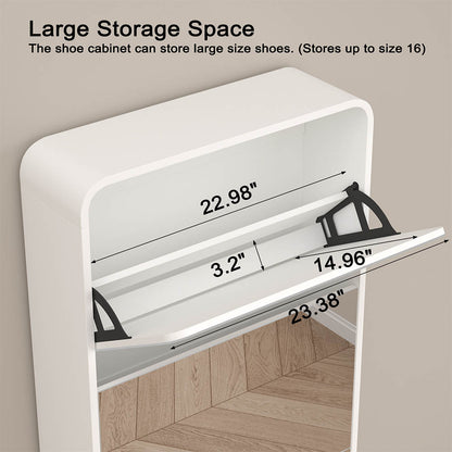 Mirror Shoe Cabinet with 4 Flip Drawers, Wooden Shoe Organizer with Solid Wood Legs, Full Length Mirror Shoe Rack, Narrow Shoe Storage Cabinet for Entryway, White