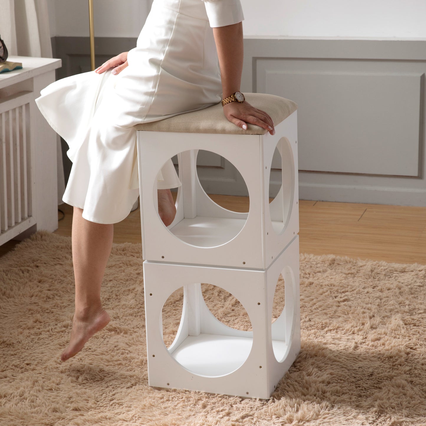 GLSCASA Multifunction Stackable Play Stool,Wood Stool,Pet Play Stool,Hollow Ottoman,White