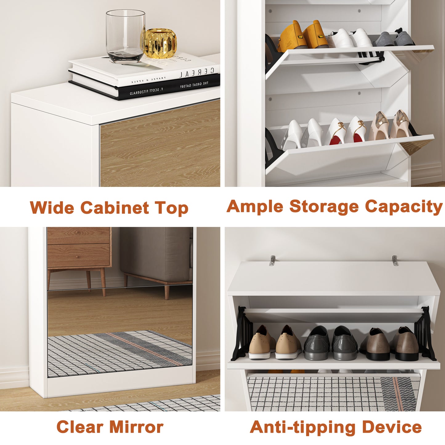 Modern Shoe Cabinet with Small Mirror Edge Gap, Mirror Shoe Rack Organizer with 3 Flip Drawers, Shoe Storage Cabinet for Entryway, Living room, Dressing room