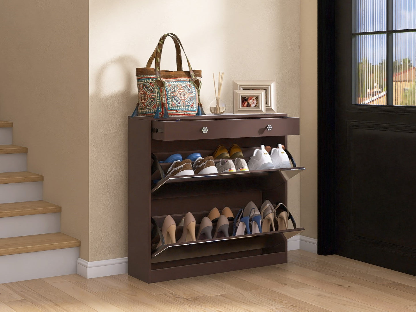 Mirror Shoe Cabinet with 2 Tier Drawers, Mirror Shoe Rack With 1 Drawer Storage, Mirror Shoe Organizer with 2 Layers In a Drawer for Entrance, Entryway, Bedroom,Brown Finish