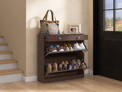 Mirror Shoe Cabinet with 2 Tier Drawers, Mirror Shoe Rack With 1 Drawer Storage, Mirror Shoe Organizer with 2 Layers In a Drawer for Entrance, Entryway, Bedroom,Brown Finish