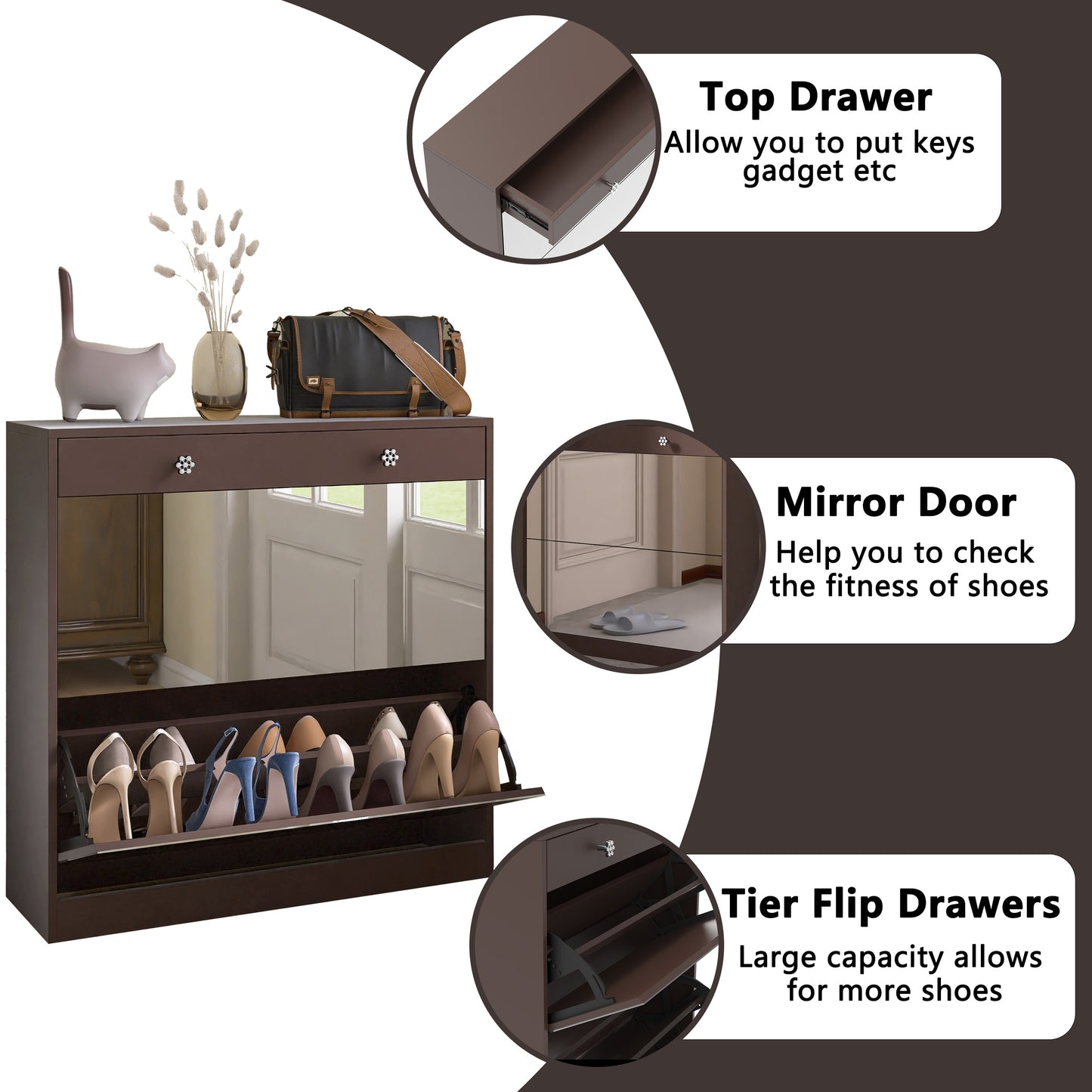 Mirror Shoe Cabinet with 2 Tier Drawers, Mirror Shoe Rack With 1 Drawer Storage, Mirror Shoe Organizer with 2 Layers In a Drawer for Entrance, Entryway, Bedroom,Brown Finish