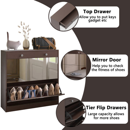 Mirror Shoe Cabinet with 2 Tier Drawers, Mirror Shoe Rack With 1 Drawer Storage, Mirror Shoe Organizer with 2 Layers In a Drawer for Entrance, Entryway, Bedroom,Brown Finish