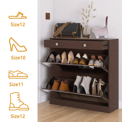 Mirror Shoe Cabinet with 2 Tier Drawers, Mirror Shoe Rack With 1 Drawer Storage, Mirror Shoe Organizer with 2 Layers In a Drawer for Entrance, Entryway, Bedroom,Brown Finish