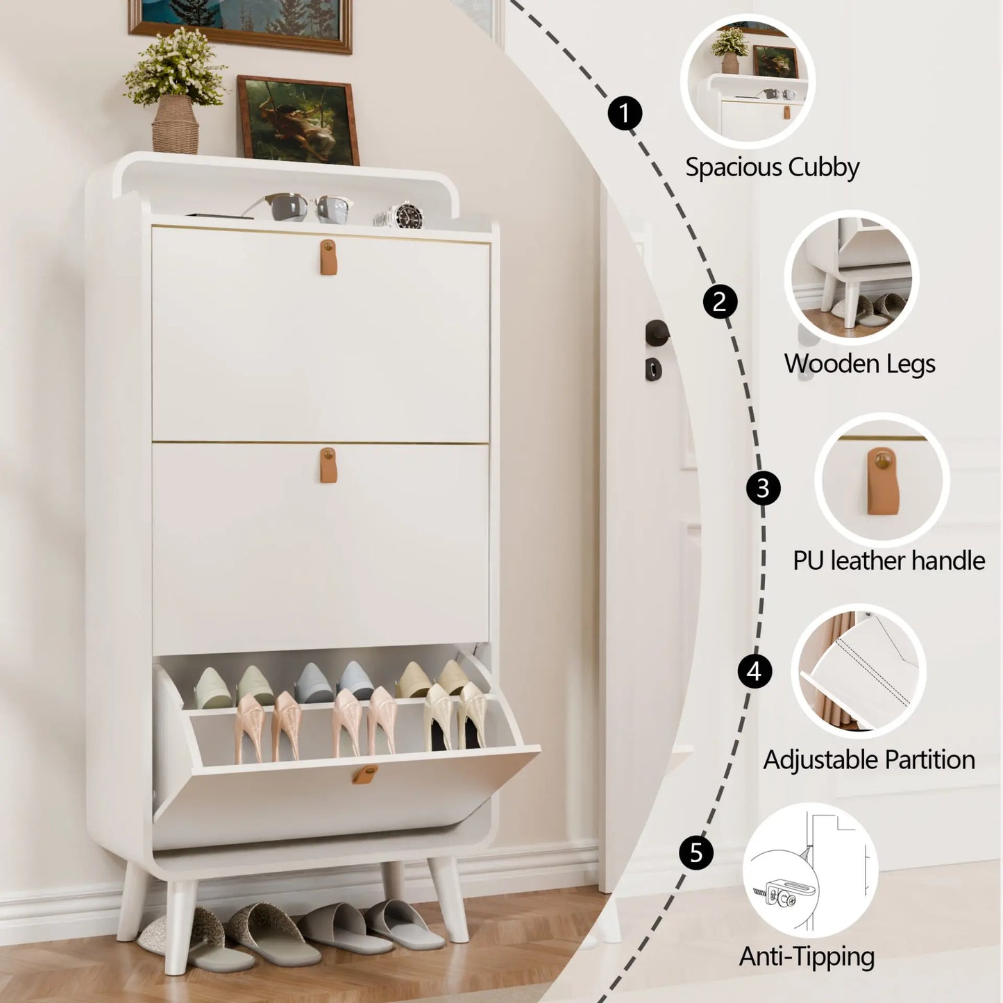 Shoe Storage Cabinet with 3 Flip Drawers, Freestanding Narrow Tipping Shoe Storage Rack with Top Open Cubby Shelf for Entryway, Modern White