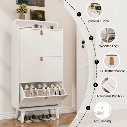 Shoe Storage Cabinet with 3 Flip Drawers, Freestanding Narrow Tipping Shoe Storage Rack with Top Open Cubby Shelf for Entryway, Modern White