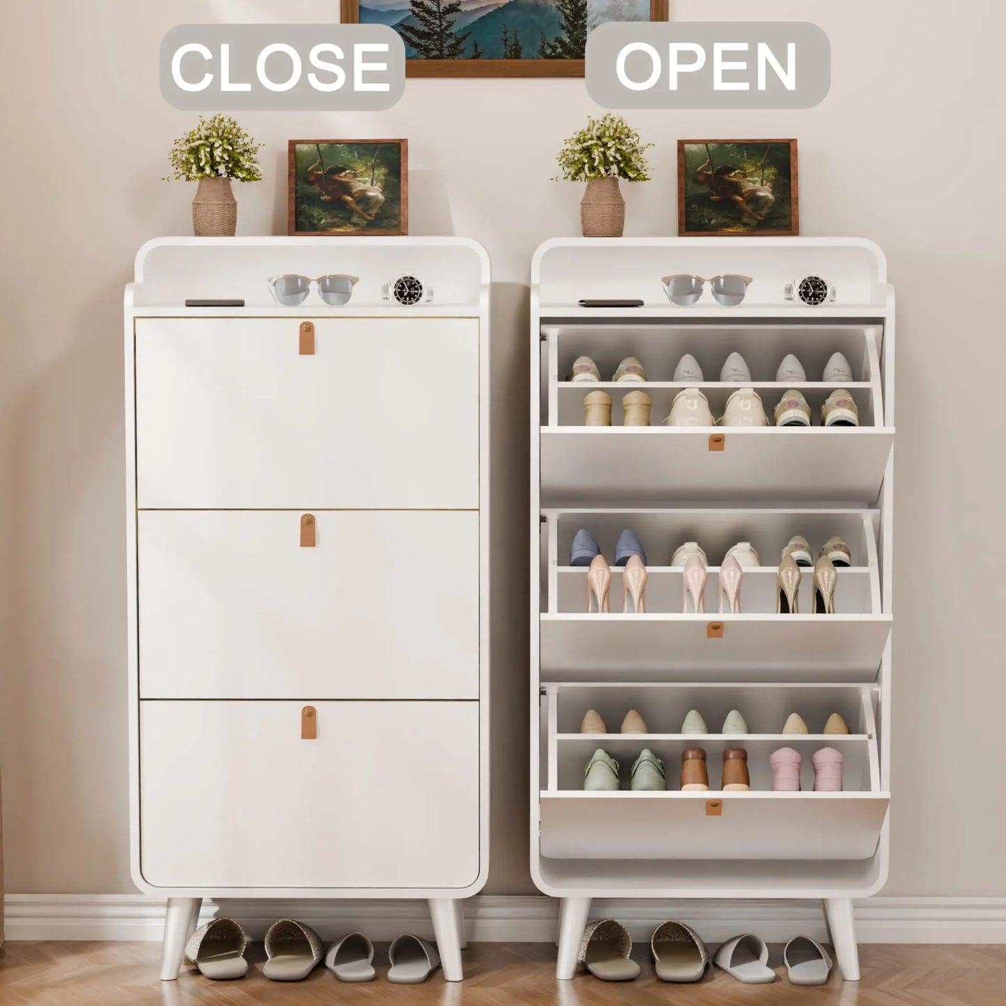 Shoe Storage Cabinet with 3 Flip Drawers, Freestanding Narrow Tipping Shoe Storage Rack with Top Open Cubby Shelf for Entryway, Modern White