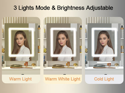 Farmhouse Vanity Desk with Sliding Mirror,Lights and Charging Station,Makeup Table Desk with Dimmable LED light,Vanity Makeup Table with Sponge Soft Stool,White+Brown Finish