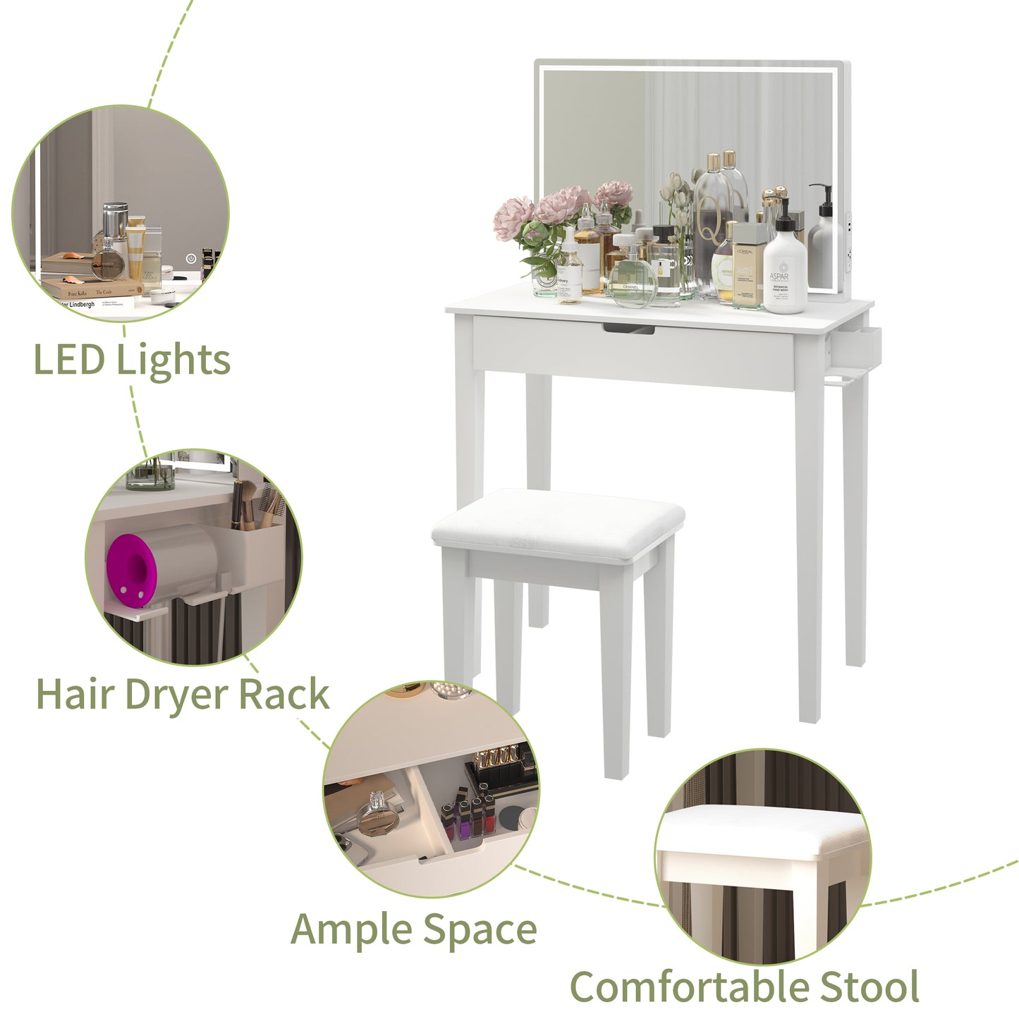 Vanity Desk Set With Mirror For Makeup With Stool, Makeup Table With 1 Drawer Storage Cosmetics, Vanity Dressing Table For Bedroom With Dimmable LED Light With Stool,White Finish