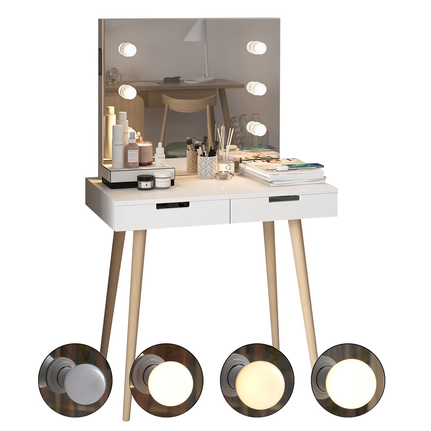 GLSCASA Wooden Vanity Table Makeup Dressing Desk with LED Light,White