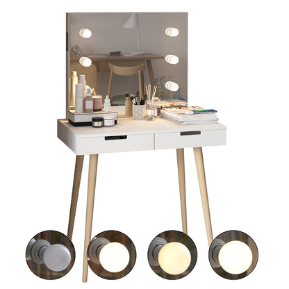 GLSCASA Wooden Vanity Table Makeup Dressing Desk with LED Light,White