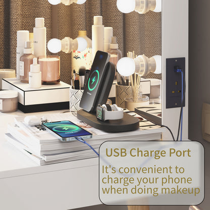 GLSCASA Wooden Vanity Table Makeup Dressing Desk with LED Light,White