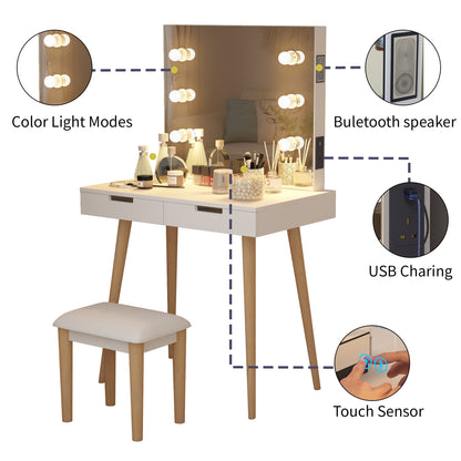 GLSCASA Wooden Vanity Table Makeup Dressing Desk with LED Light,White